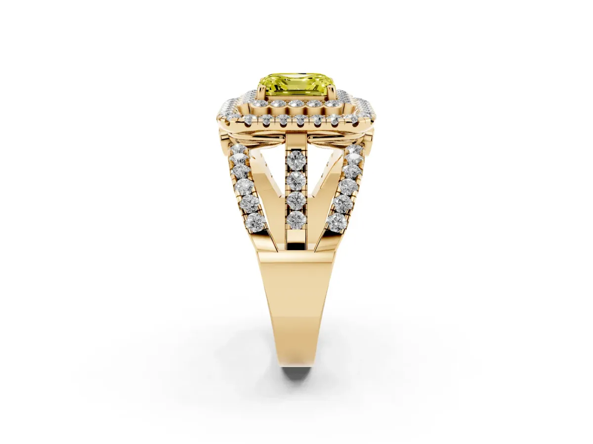 Fancy Yellow Asscher Cut Diamond Double Halo Ring with Round Pavé Split Shank and Prong Setting Yellow gold