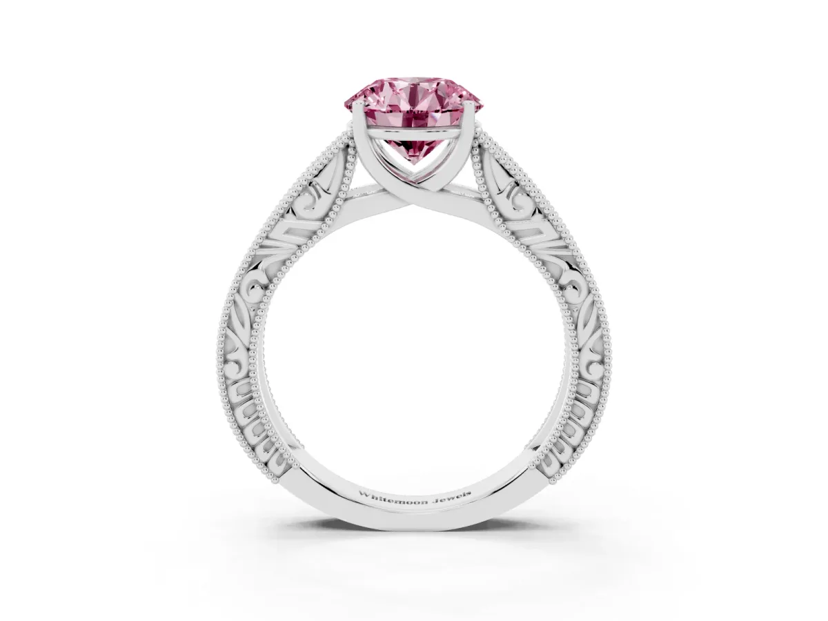 Fancy Pink Round Cut Diamond Solitaire Ring with Engraved Band and Four-Prong Setting White gold