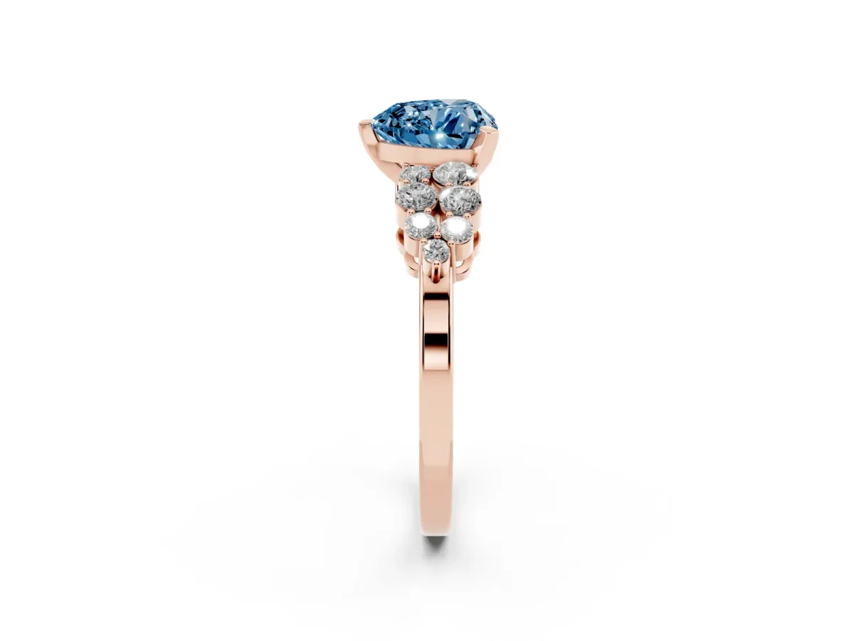 Fancy Blue Heart Cut Cluster Diamond Engagement Ring with Pavé Band and Four-Prong Setting Rose gold