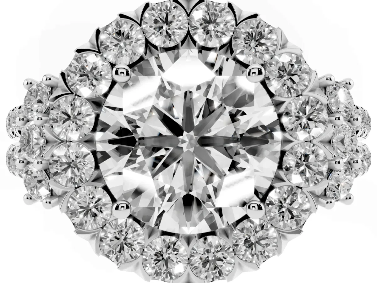 Round Cut Cut Double Halo Diamond Engagement Ring with Pave Band and Four-Prong Setting Platinum