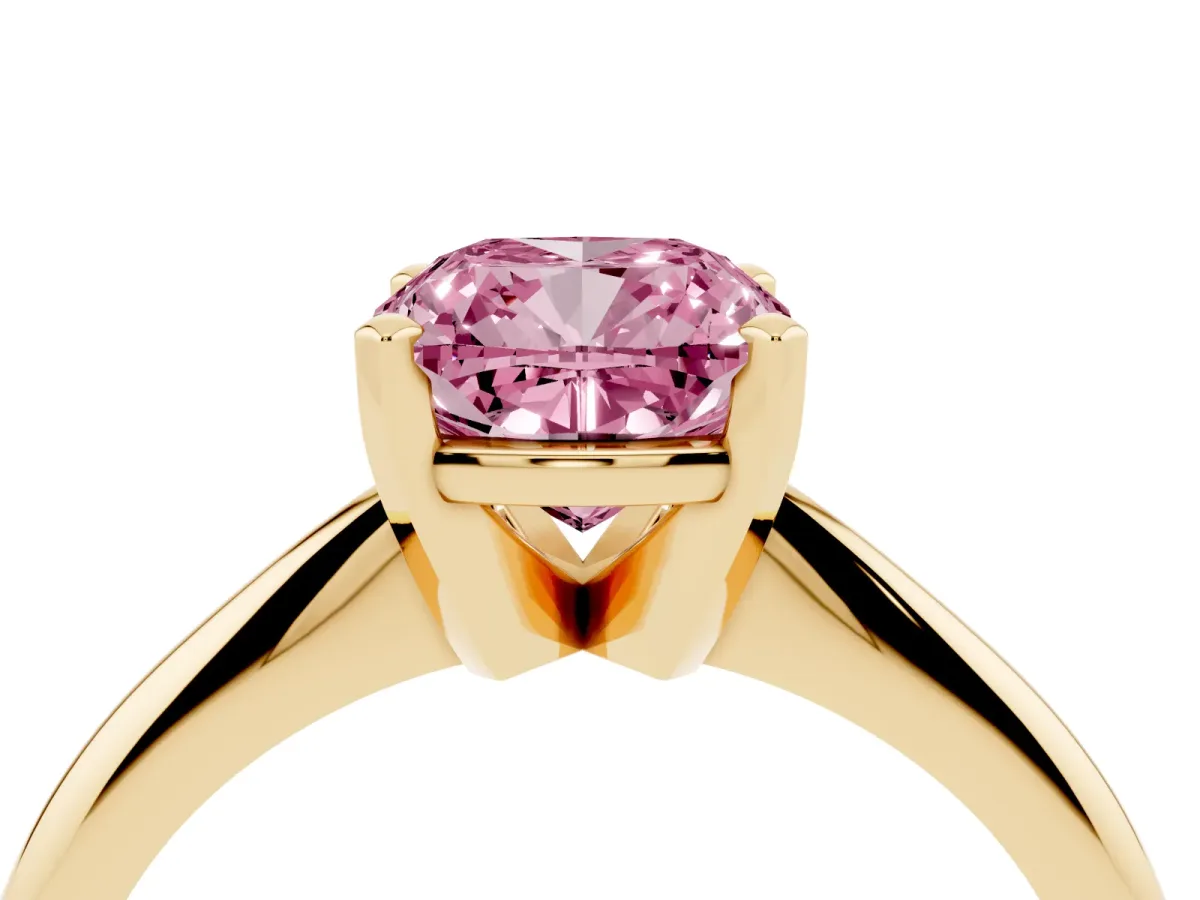 Fancy Pink Cushion Cut Cut Solitaire Ring with Four-Prong Setting on a Classic Band Yellow gold