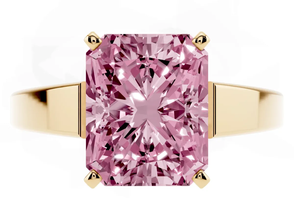 Fancy Pink Radiant Cut Solitaire Engagement Ring with Four-Prong Setting and Tapered Band Yellow gold