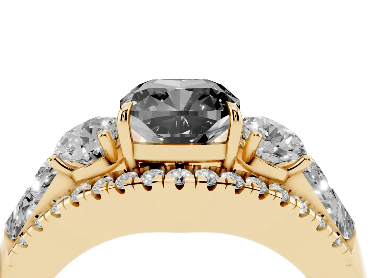 Fancy Black Three-Stone Cushion Cut Diamond Engagement Ring with Pave Band and Prong Setting Yellow gold