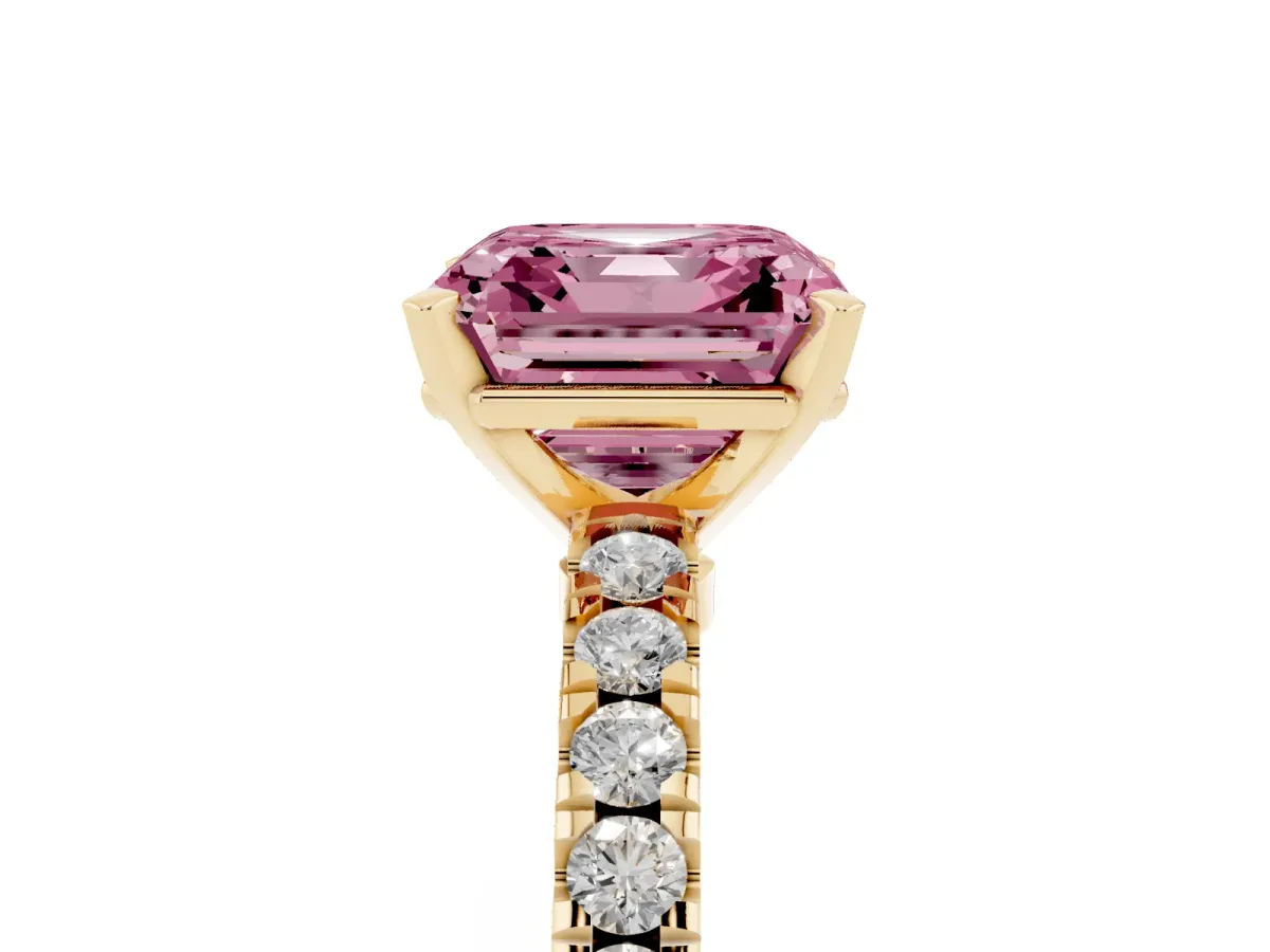 Fancy Pink Asscher Cut Solitaire Diamond with Pavé Band and Four-Prong Setting Yellow gold