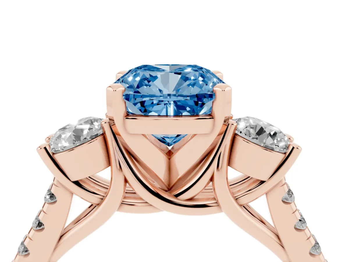 Fancy Blue Three-Stone Cushion Cut Diamond Pavé Band with Four-Prong Setting Rose gold