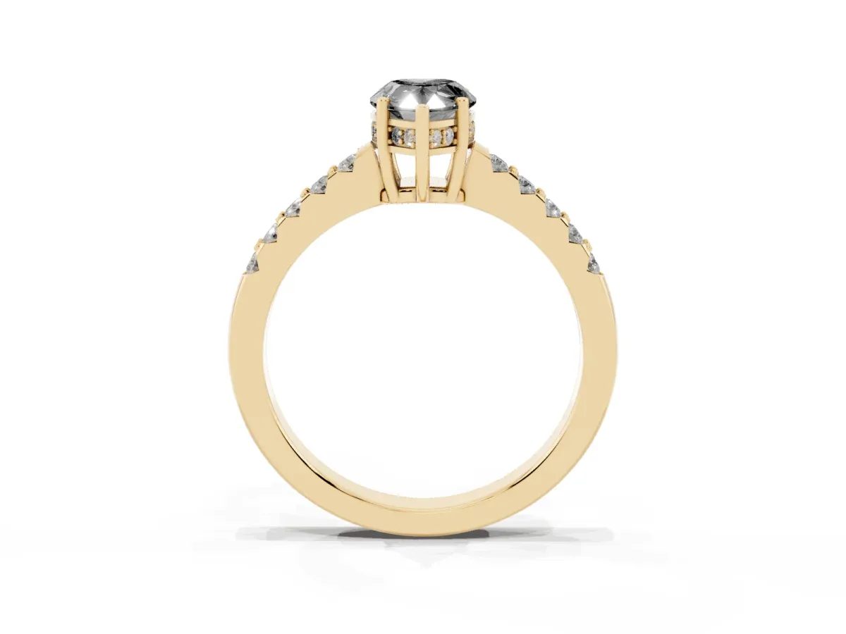 Fancy Black Pear Cut Solitaire Diamond Engagement Ring with Pavé Band and Six-Prong Setting Yellow gold