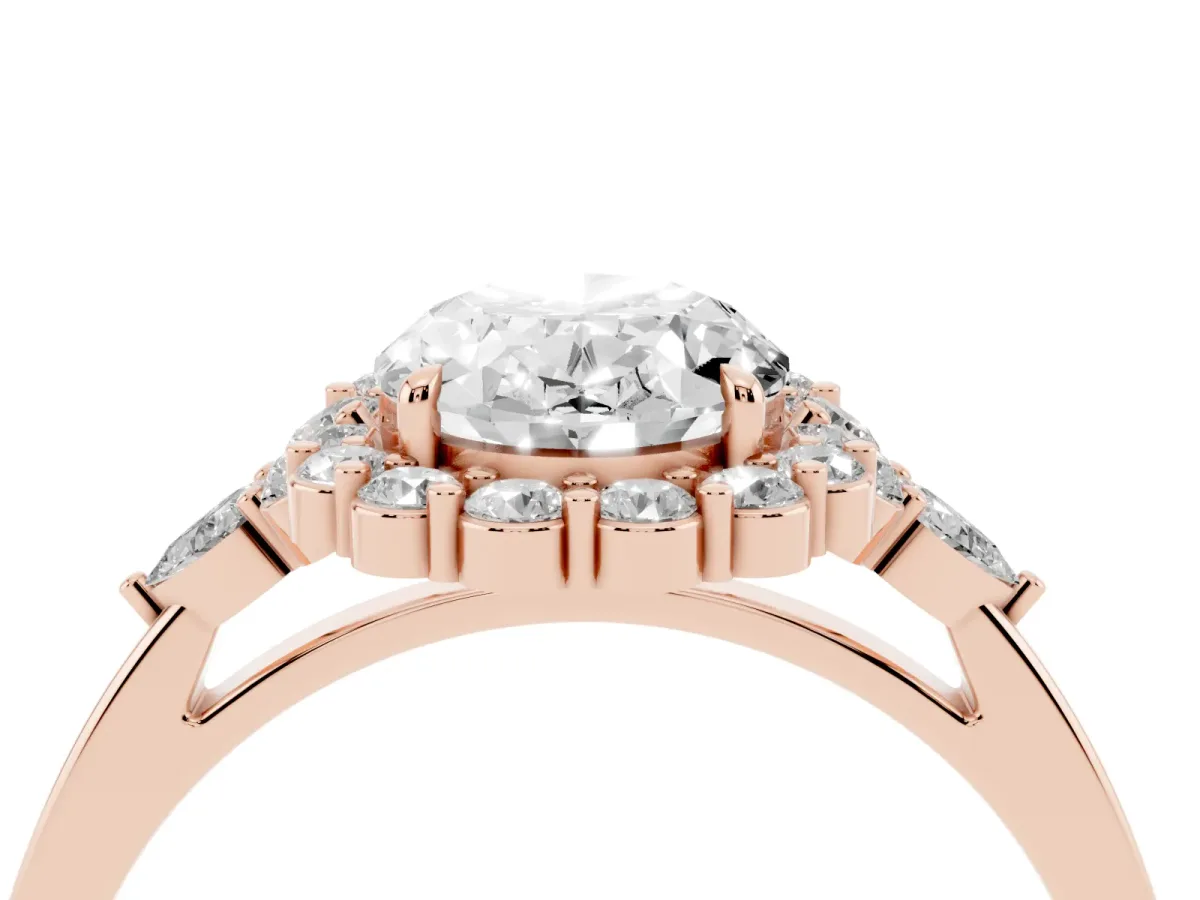 Oval Cut Diamond Halo Ring with Pear Side Stones and Prong Setting Rose gold