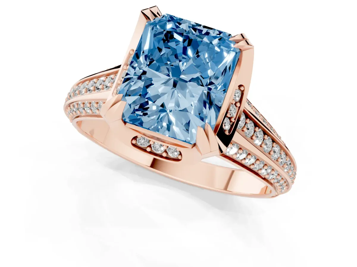 Fancy Blue Radiant Cut Solitaire Pave Split Shank Ring with Four-Prong Setting Rose gold