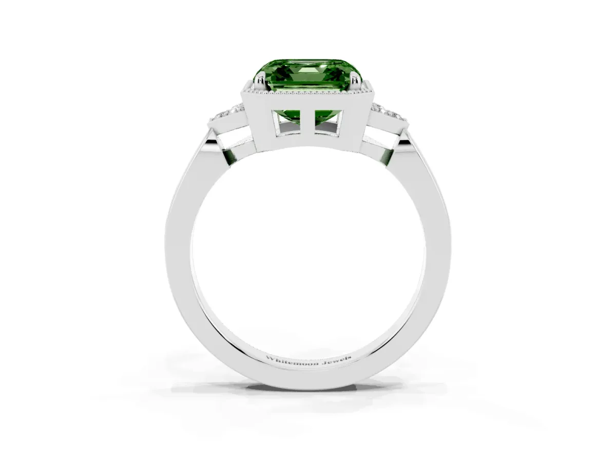 Fancy Green Asscher Cut Diamond Halo Ring with Tapered Band and Four-Prong Setting White gold