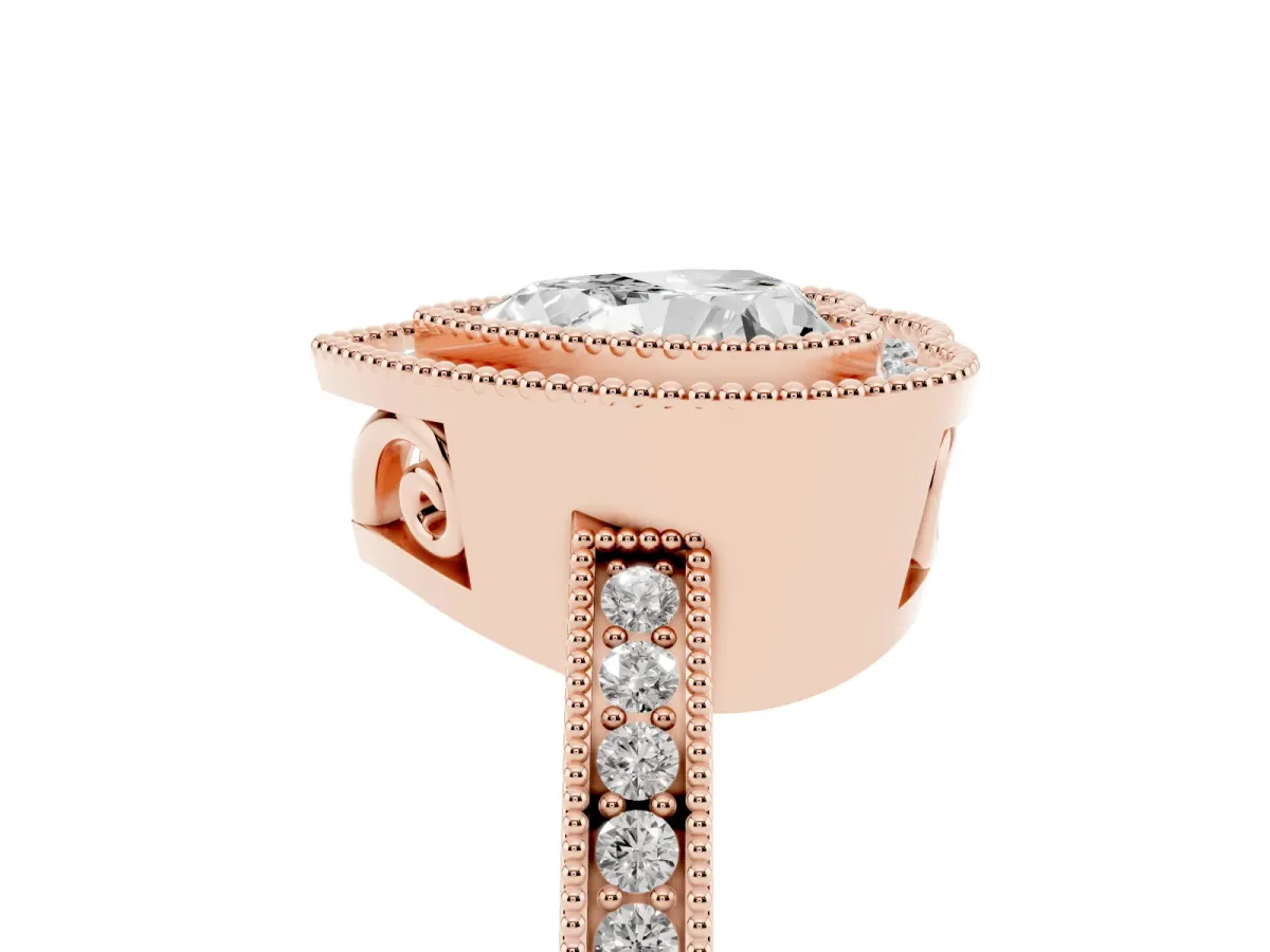 Heart Cut Cut Halo Diamond Ring with Pavé Band and Milgrain Prong Setting Rose gold