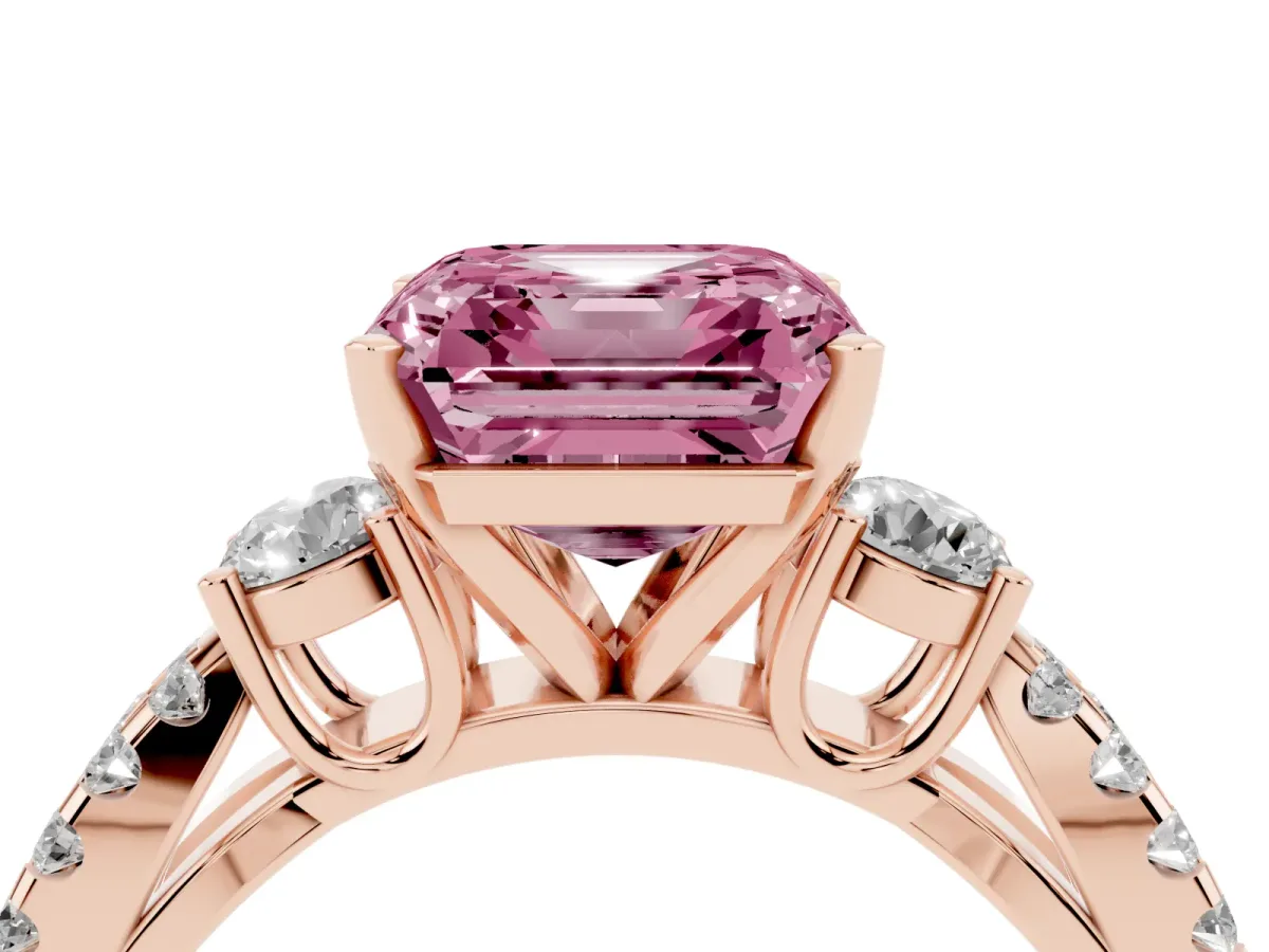 Fancy Pink Asscher Cut Diamond Three-Stone Ring with Pavé Split Shank and Four-Prong Setting Rose gold