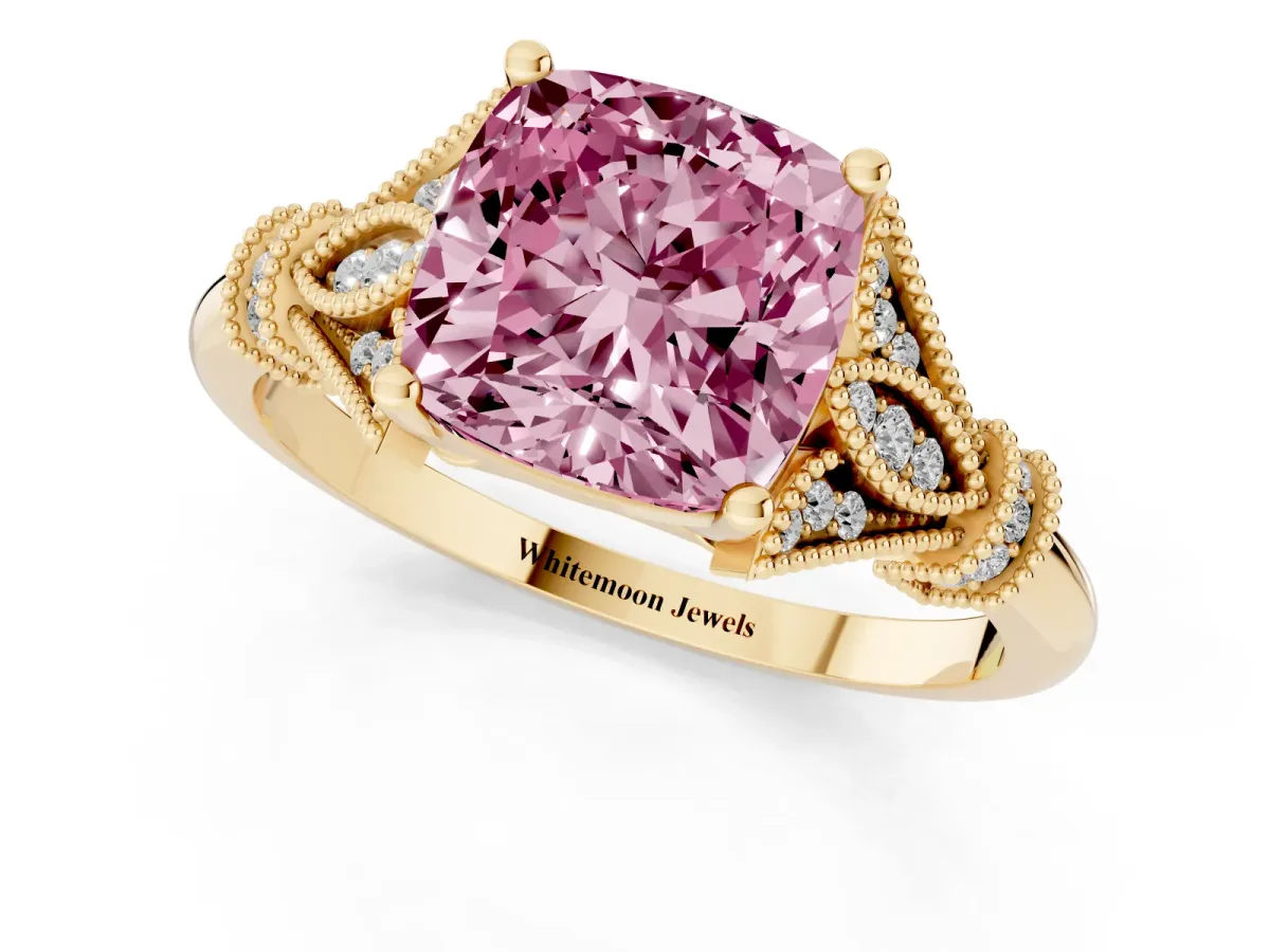 Fancy Pink Cushion Cut Diamond Solitaire Ring with Floral Filigree and Pave Accents Yellow gold