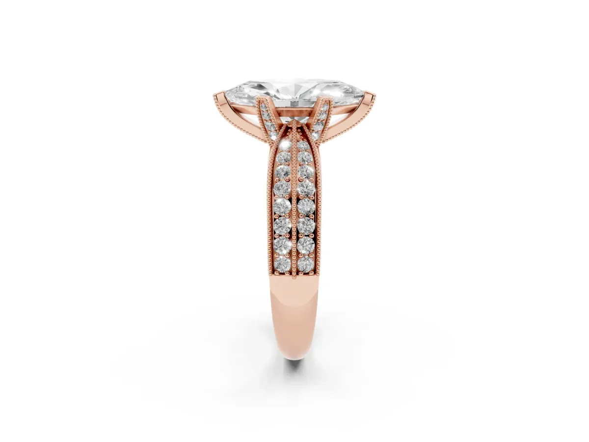 Marquise Cut Diamond Solitaire Ring with Milgrain Round Pavé Band and Prong Setting Rose gold