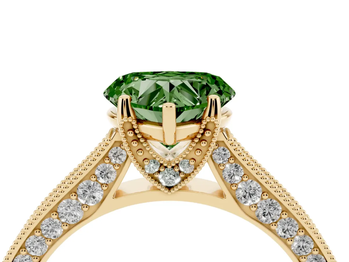 Fancy Green Heart Cut Cut Diamond Solitaire Ring with Milgrain Pave Band and Four Prong Setting Yellow gold