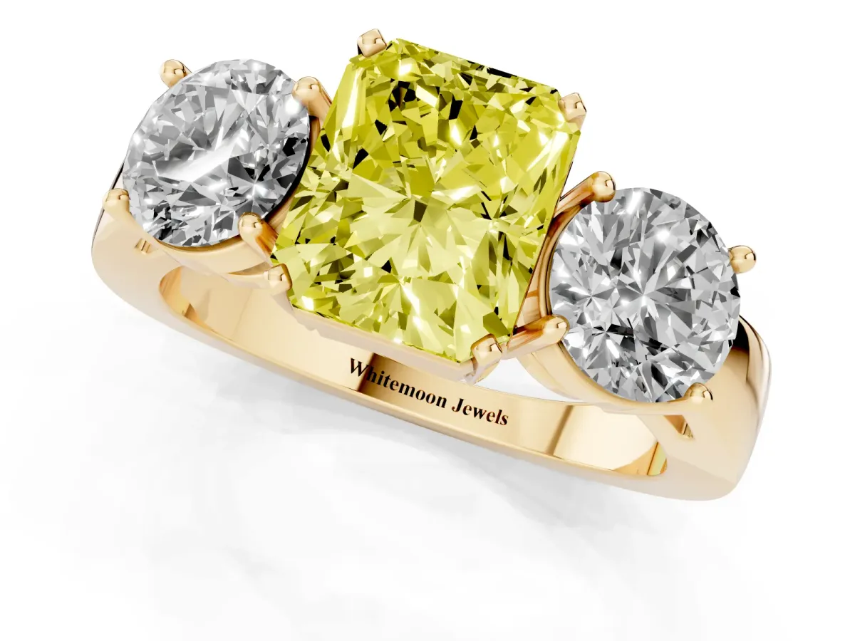 Fancy Yellow Three-Stone Radiant Cut Diamond Ring with Round Side Stones, Classic Band, and Four-Prong Setting Yellow gold