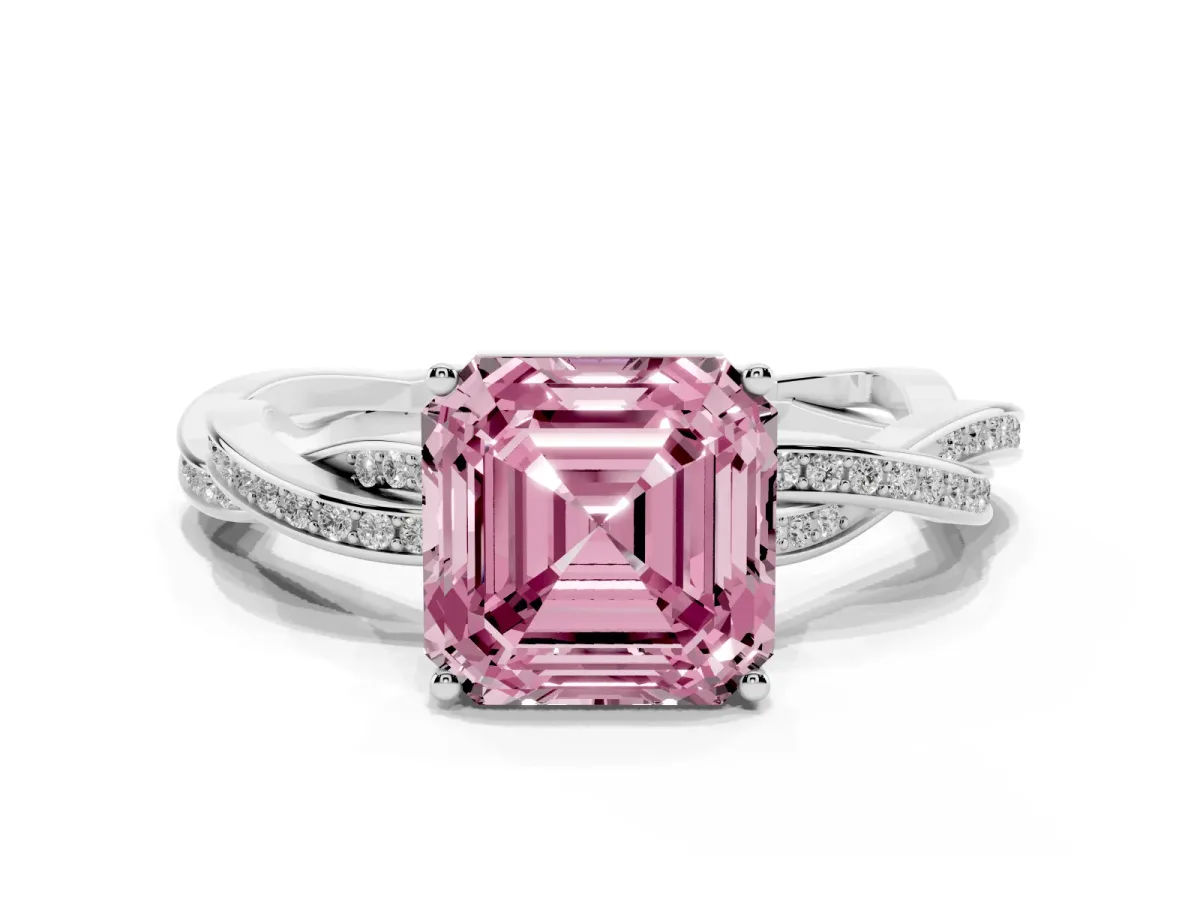 Fancy Pink Asscher Cut Solitaire Twisted Pave Diamond Ring with Four-Prong Setting Silver