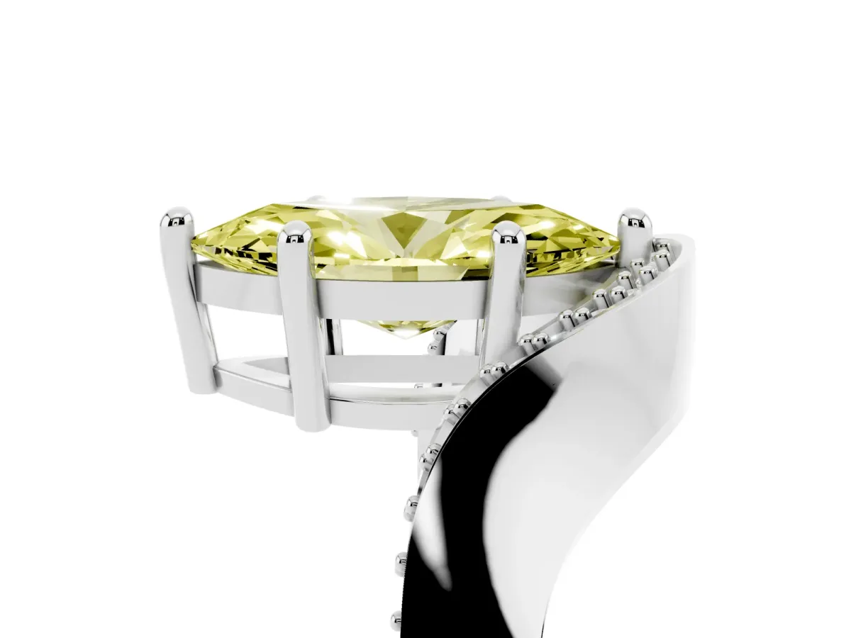 Fancy Yellow Marquise Cut Solitaire Diamond Engagement Ring with Pave Band and Four-Prong Setting White gold