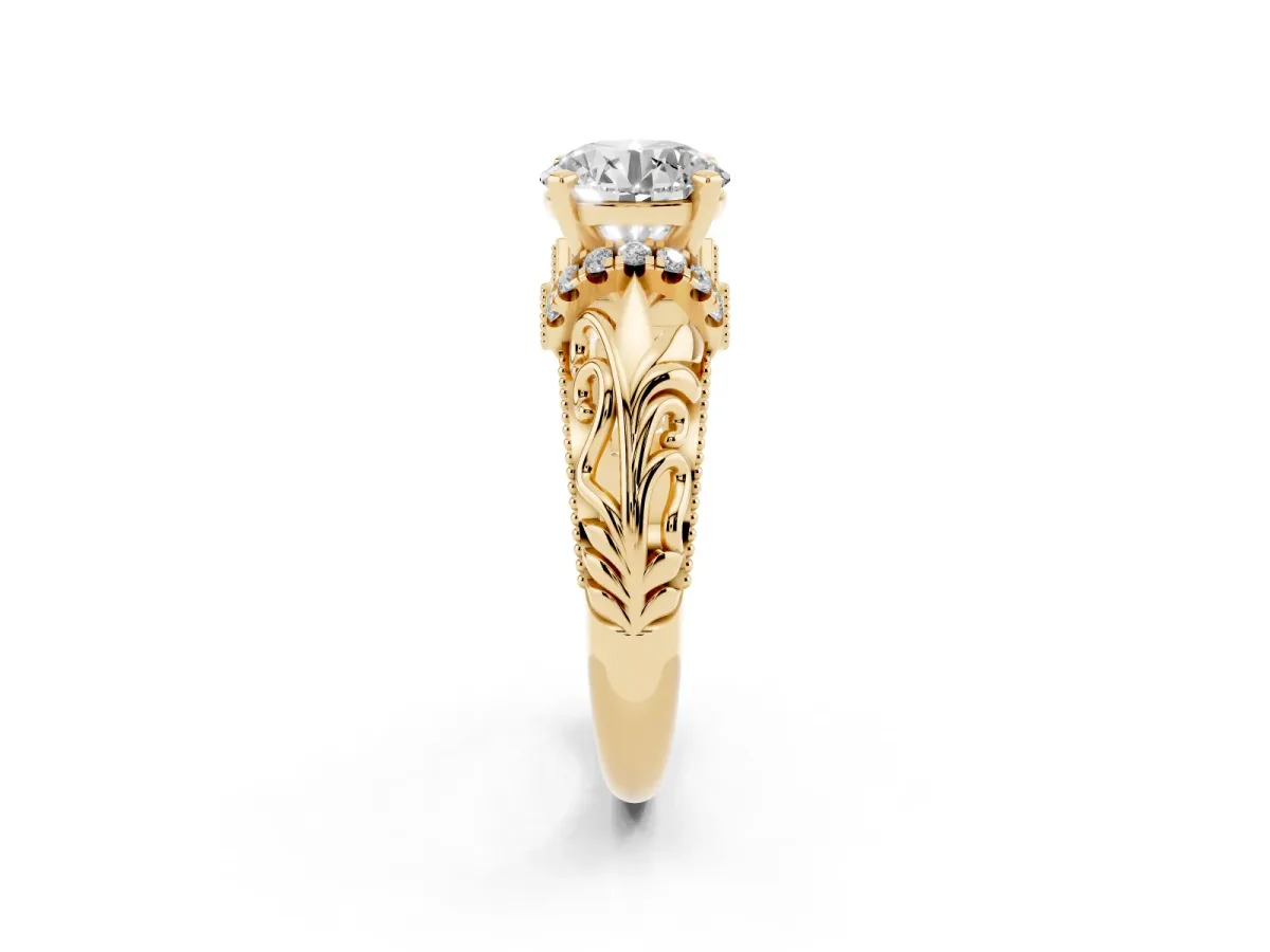 Round Cut Solitaire Filigree Engagement Ring with Halo and Prong Setting Yellow gold