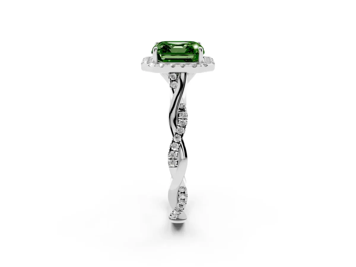 Fancy Green Asscher Cut Halo Twist Band Solitaire Ring Silver