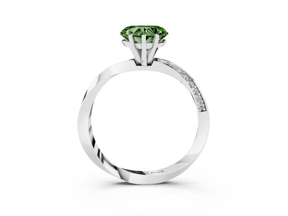 Fancy Green Heart Cut Diamond Engagement Ring with Side Stone Accents and Four-Prong Setting Silver