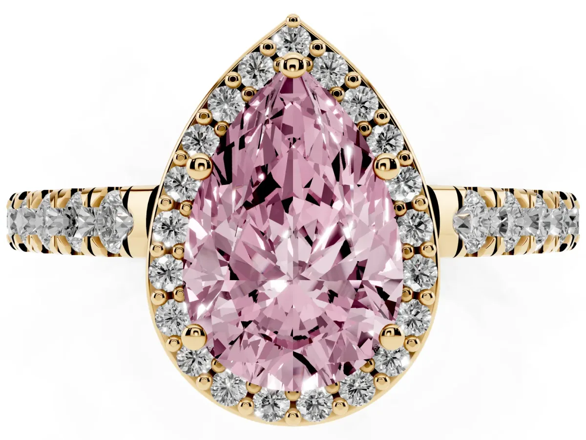 Fancy Pink Pear Cut Cut Halo Diamond Engagement Ring with Pave Band and Four-Prong Setting Yellow gold