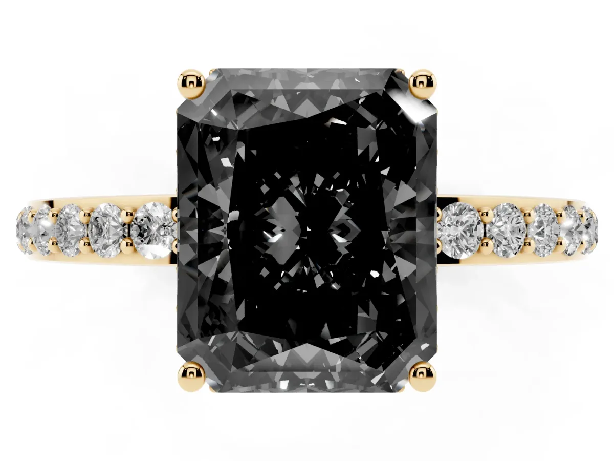 Fancy Black Radiant Cut Diamond Solitaire Ring with Pavé Band and Hidden Halo Yellow gold