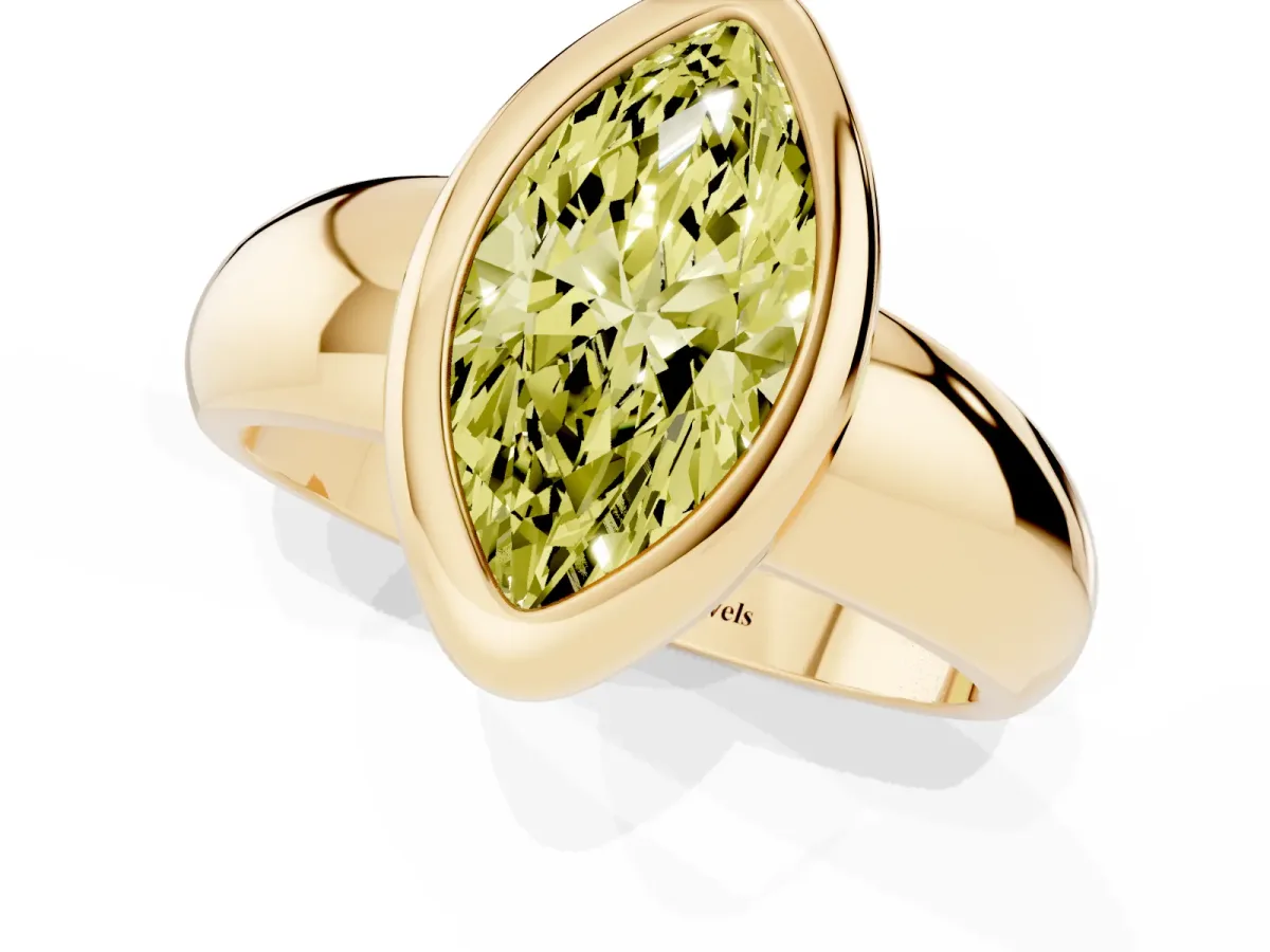 Fancy Yellow Bezel Set Marquise Cut Solitaire Ring with Wide Band Yellow gold