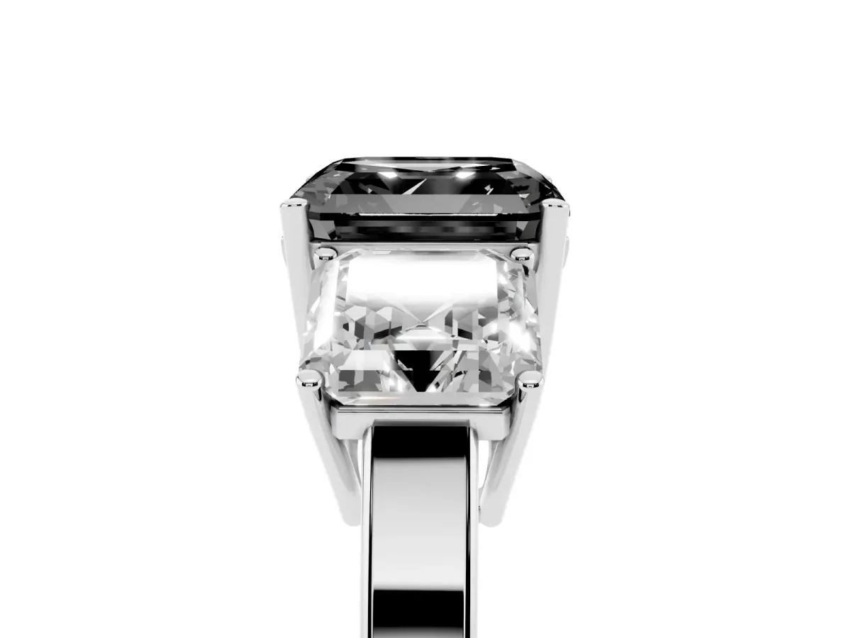 Fancy Black Three-Stone Asscher Cut Cut Diamond Engagement Ring with Flat Band and Four-Prong Setting Silver