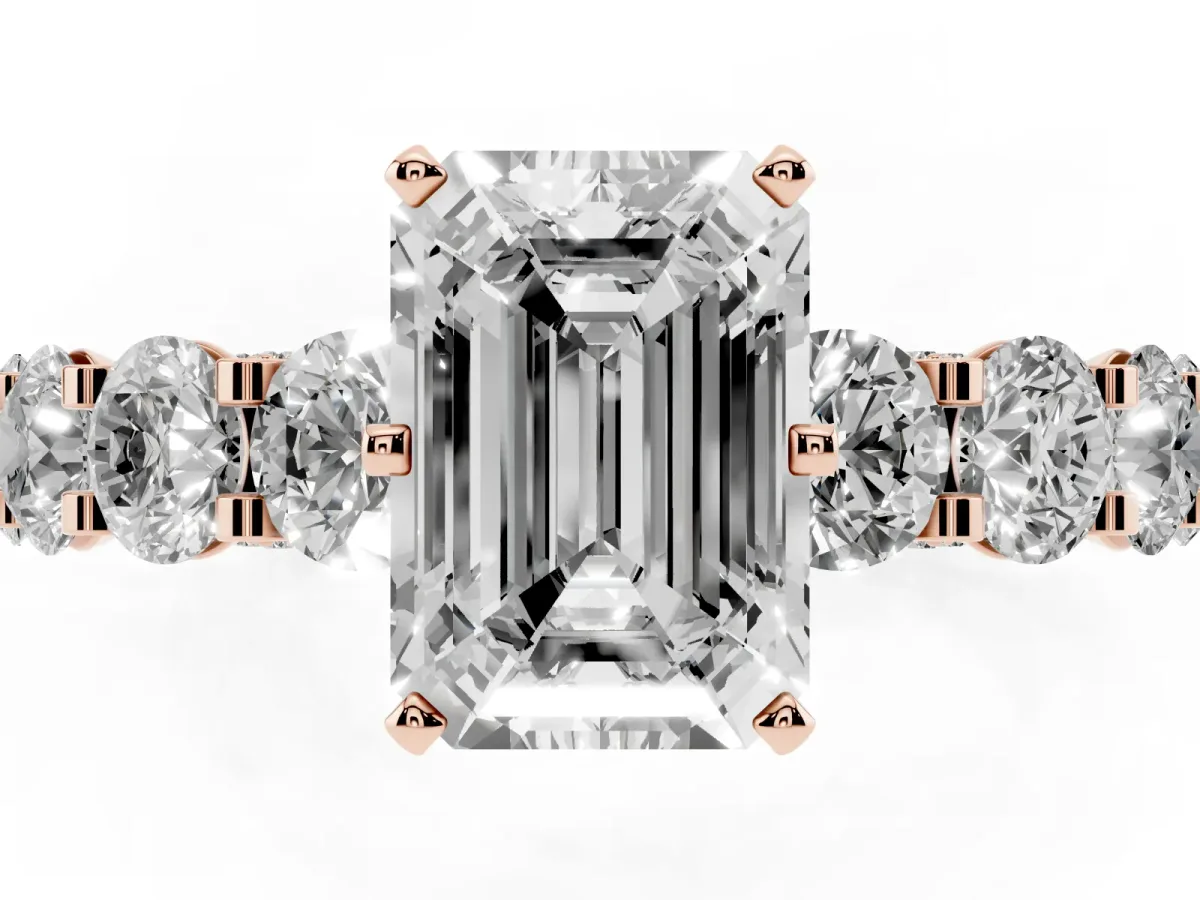 Emerald Cut Diamond Side Stone Engagement Ring with Four-Prong Setting Rose gold