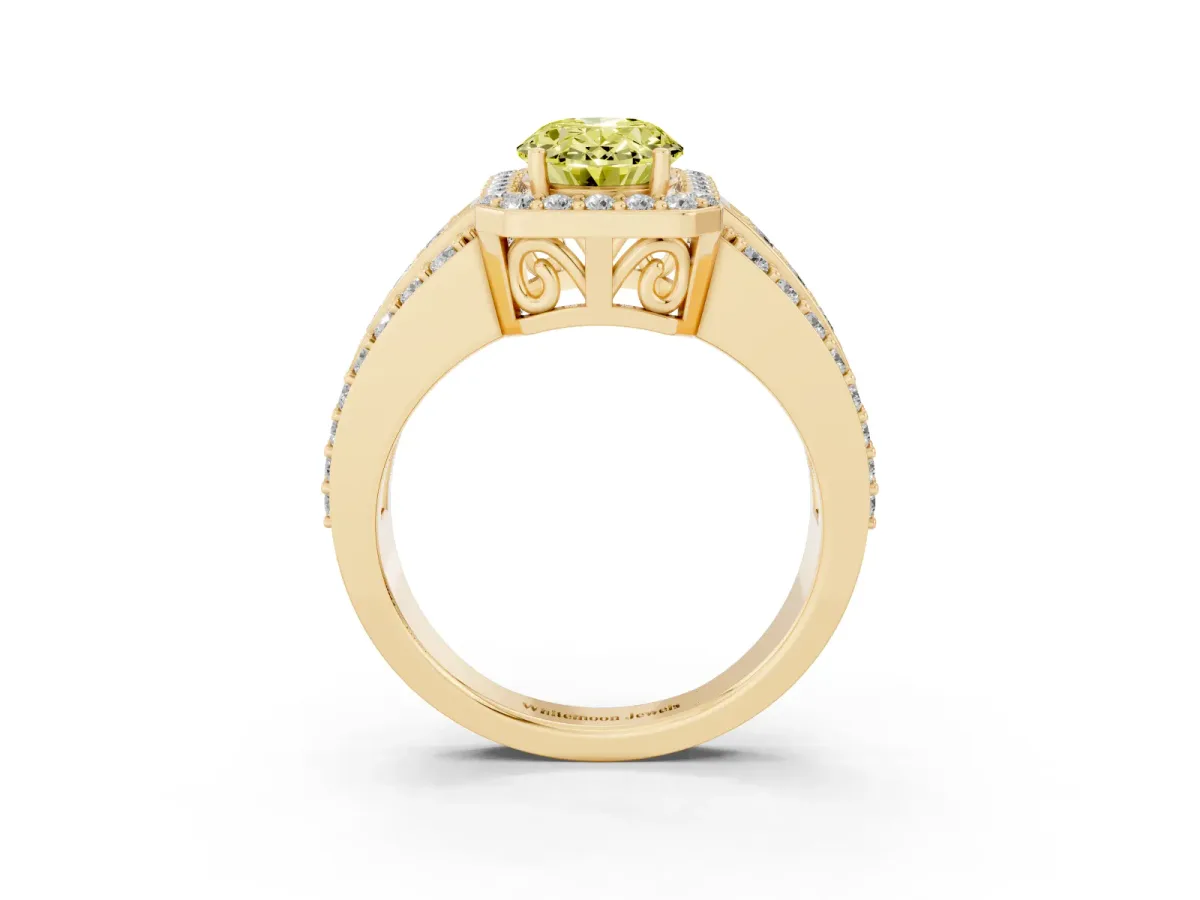 Fancy Yellow Oval Cut Halo Diamond Ring with Round Split Shank and Prong Setting Yellow gold