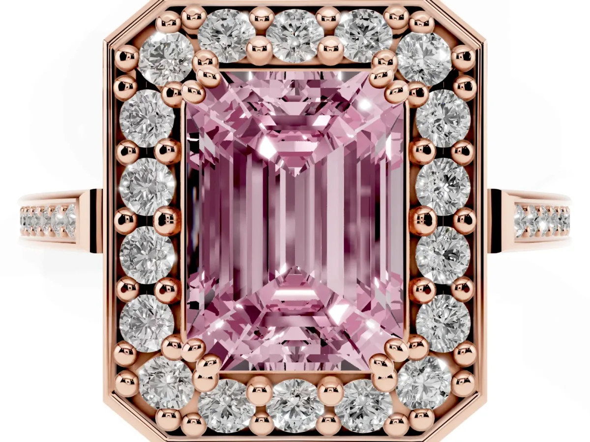 Fancy Pink Emerald Cut Diamond Halo Ring with Split Shank and Four-Prong Setting Rose gold