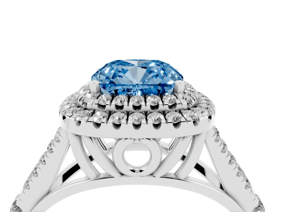 Fancy Blue Cushion Cut Diamond Pavé Split Shank Double Halo Engagement Ring Silver