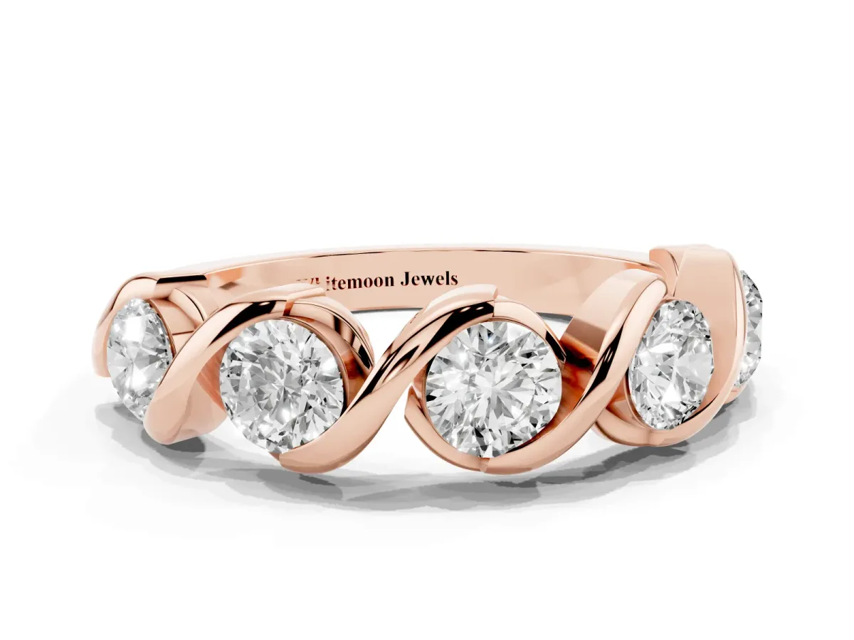 Round Diamond Wave Band with Channel Setting and Shared Prongs Rose gold