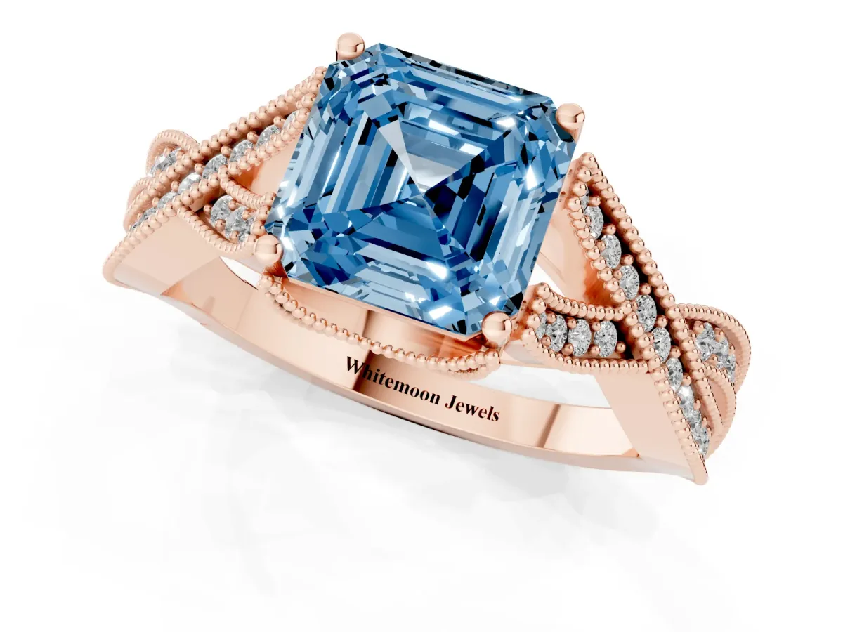Fancy Blue Asscher Cut Cut Diamond Twisted Band with Milgrain Pave Setting and Four-Prong Setting Rose gold