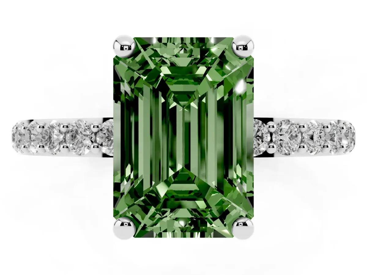 Fancy Green Emerald Cut Diamond Solitaire Ring with Round Pavé Band and Prong Setting Silver