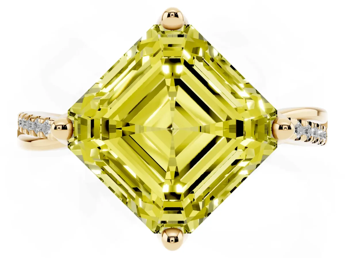 Fancy Yellow Asscher Cut Solitaire Twist Band with Pavé Diamonds and Four-Prong Setting Yellow gold