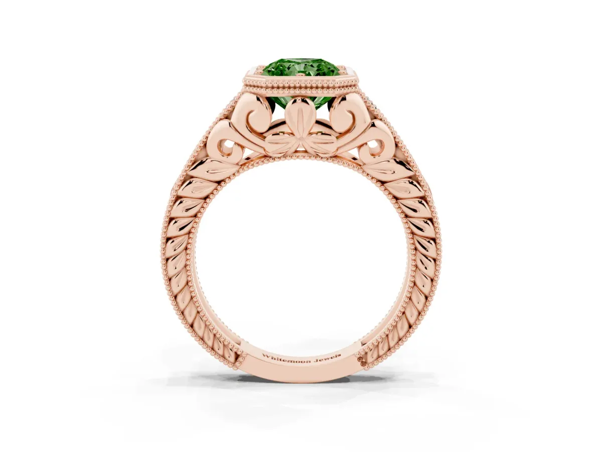 Fancy Green Bezel Set Radiant Cut Diamond Milgrain Pave Engagement Ring Rose gold