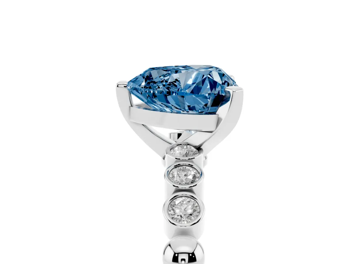 Fancy Blue Heart Cut Solitaire Bezel Accent Diamond Engagement Ring with Beaded Band and Four-Prong Setting Platinum
