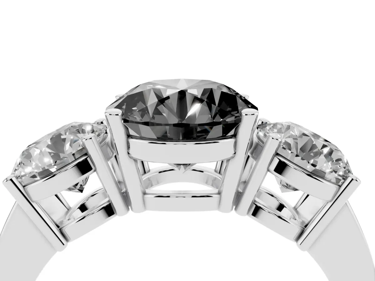 Fancy Black Three-Stone Round Cut Cut Diamond Engagement Ring with Flat Band and Four-Prong Setting Silver