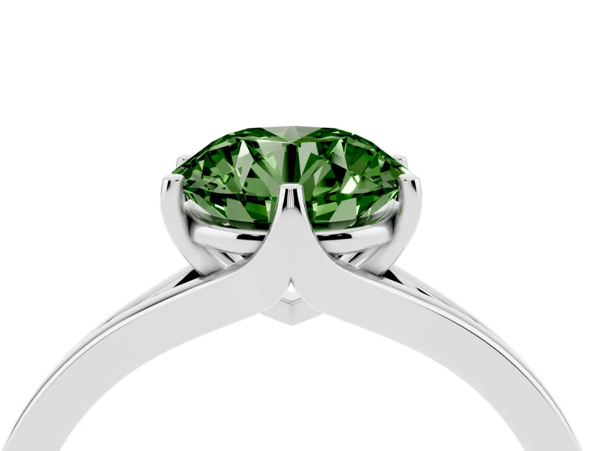 Fancy Green Round Cut Solitaire Diamond Ring with Six-Prong Setting and Tapered Band Silver