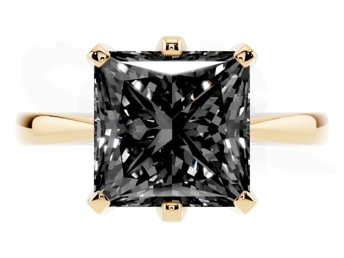 Fancy Black Princess Cut Solitaire Engagement Ring with Six-Prong Setting and Tapered Band Yellow gold