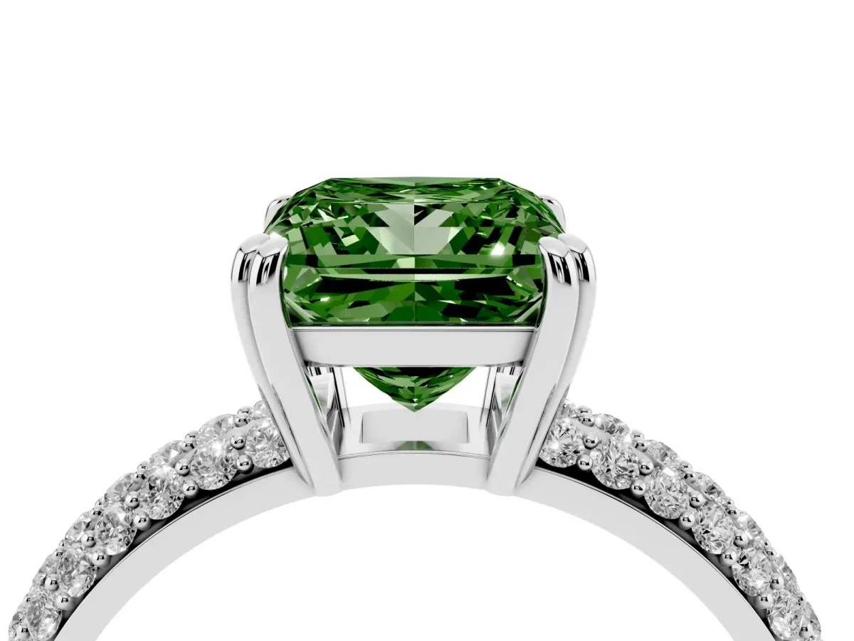 Fancy Green Princess Cut Diamond Solitaire Ring with Multi-Row Round Pavé Band and Prong Setting White gold
