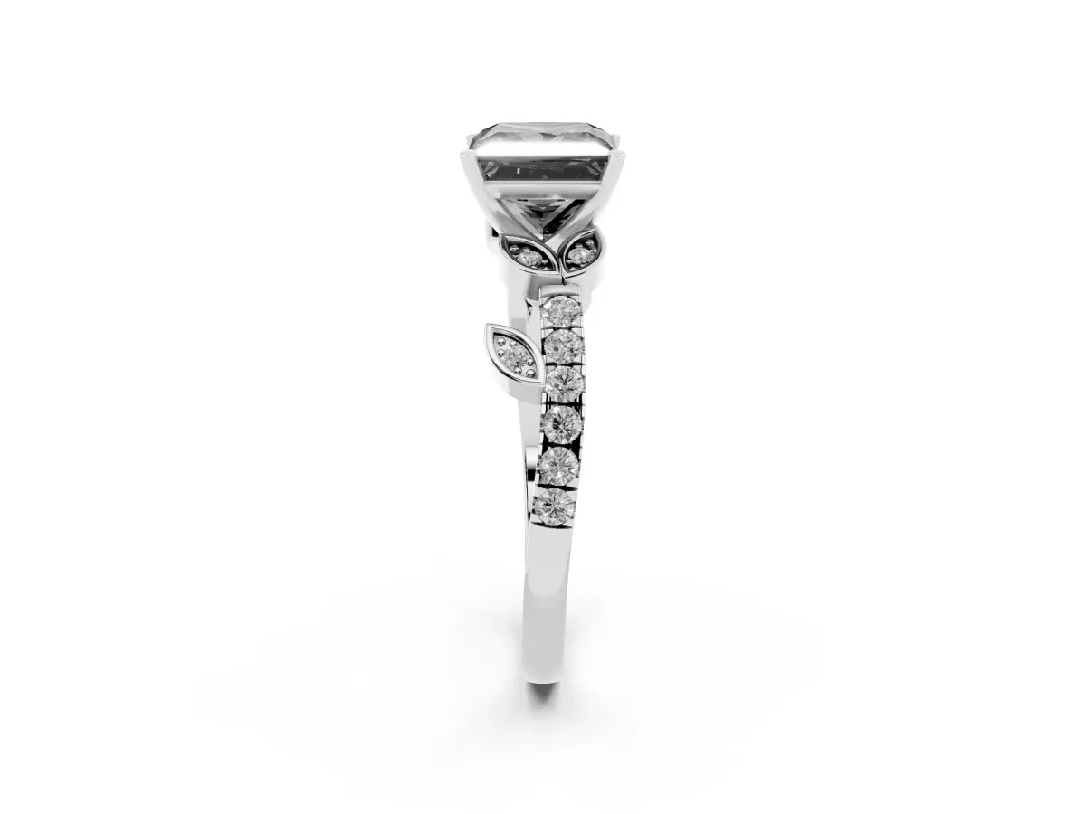 Fancy Black Princess Cut Solitaire Leaf-Inspired Diamond Ring with Pavé Band and Four-Prong Setting Silver