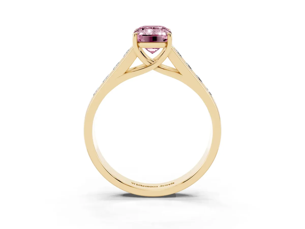 Fancy Pink Emerald Cut Solitaire Channel-Set Diamond Engagement Ring with Four-Prong Setting Yellow gold