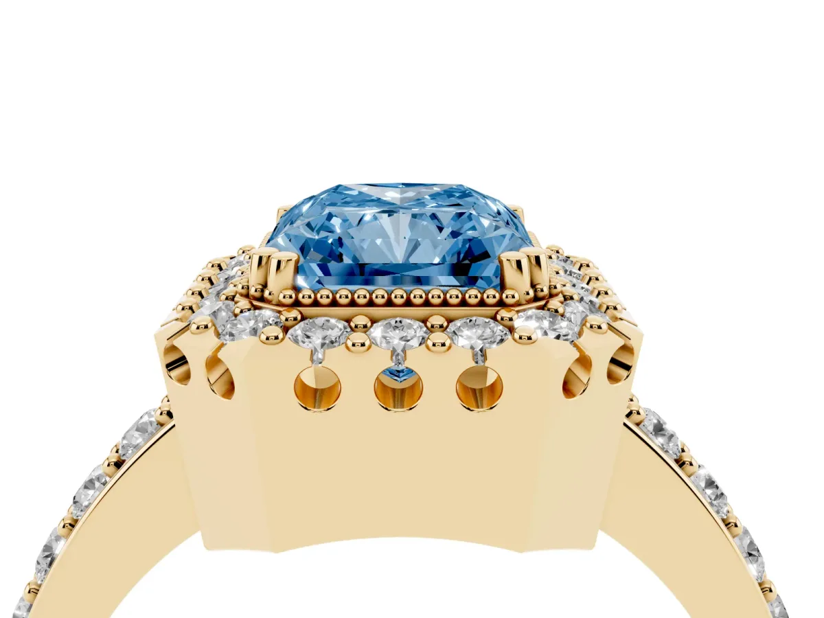 Fancy Blue Radiant Cut Diamond Halo Ring with Pavé Band and Prong Setting Yellow gold