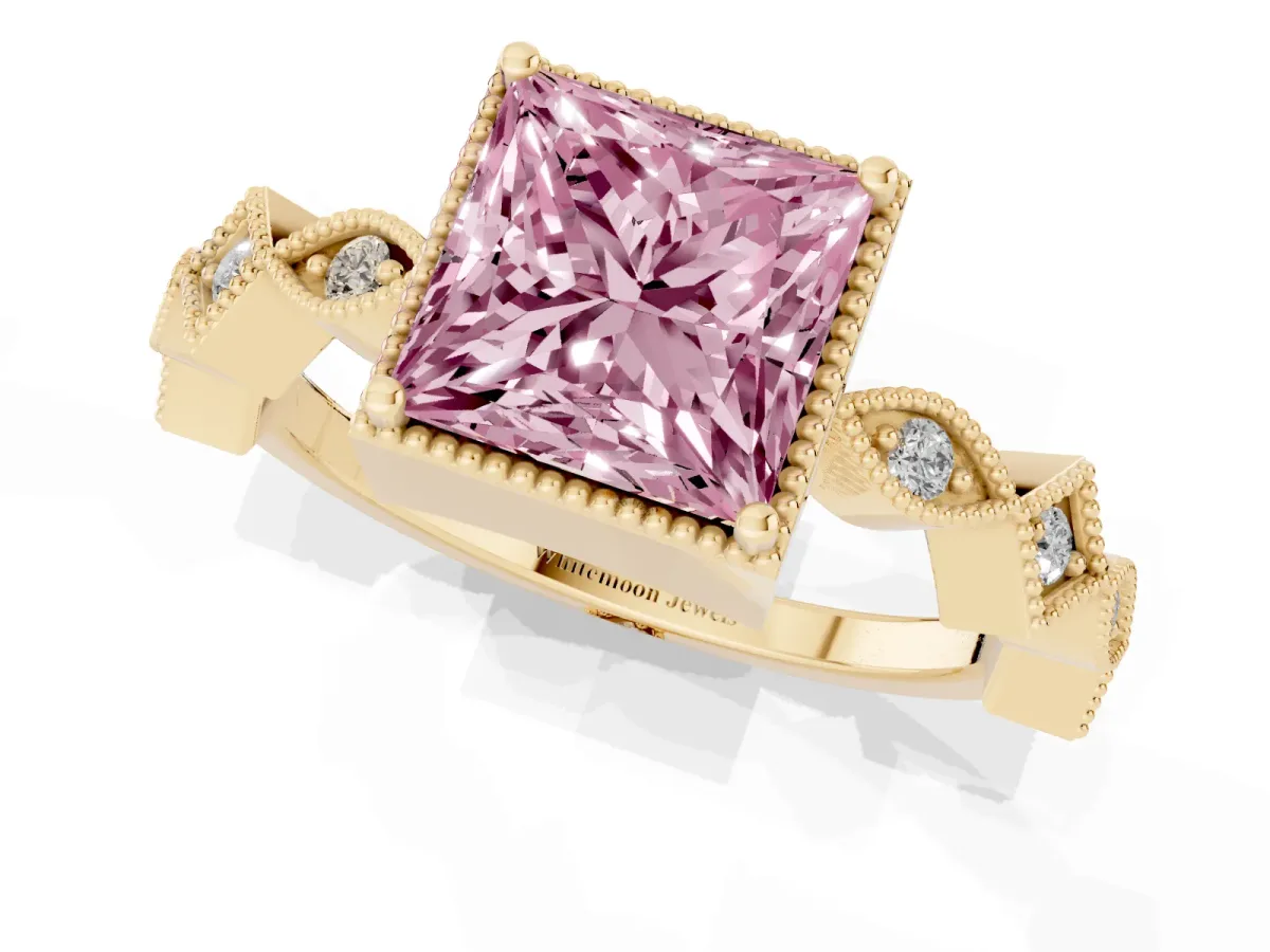 Fancy Pink Princess Cut Milgrain Marquise Diamond Twist Band Ring Yellow gold