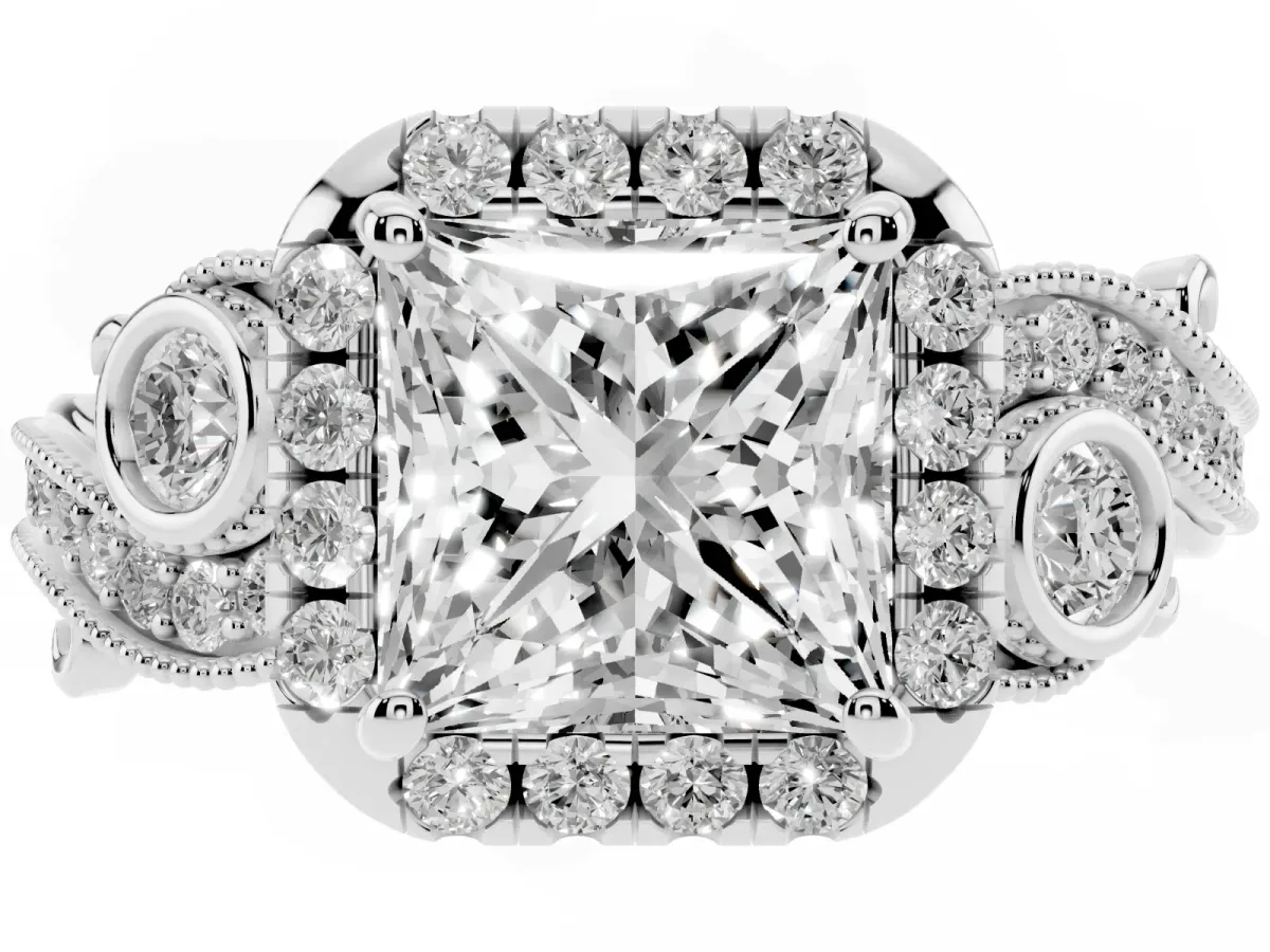 Princess Cut Diamond Halo Ring with Milgrain Pavé Band and Four-Prong Setting Silver