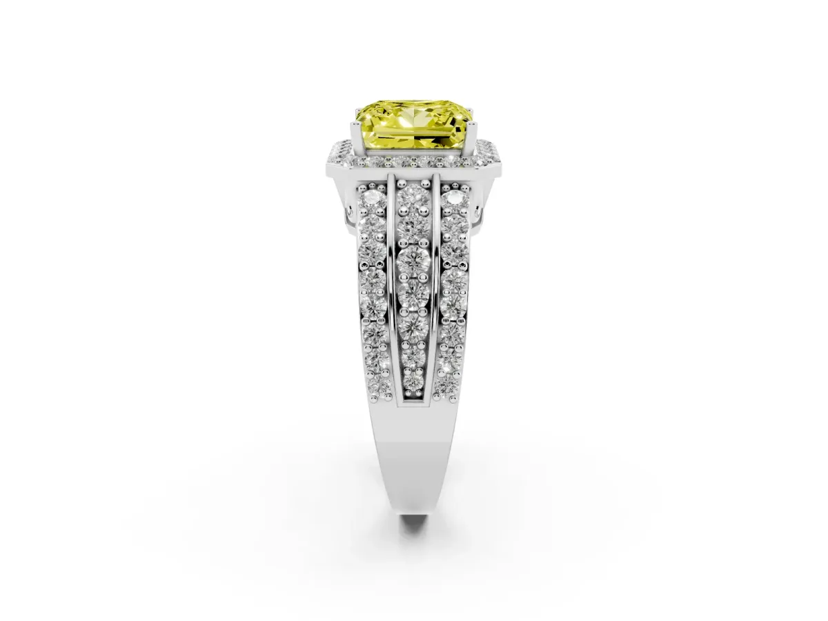 Fancy Yellow Princess Cut Halo Diamond Ring with Round Split Shank and Prong Setting Silver