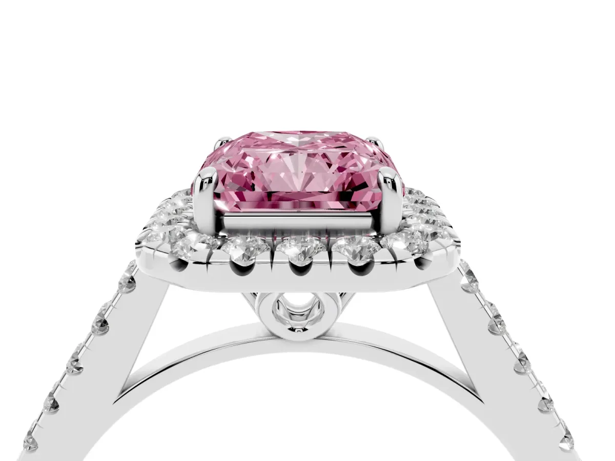 Fancy Pink Radiant Cut Halo Pavé Diamond Engagement Ring with Four-Prong Setting Silver