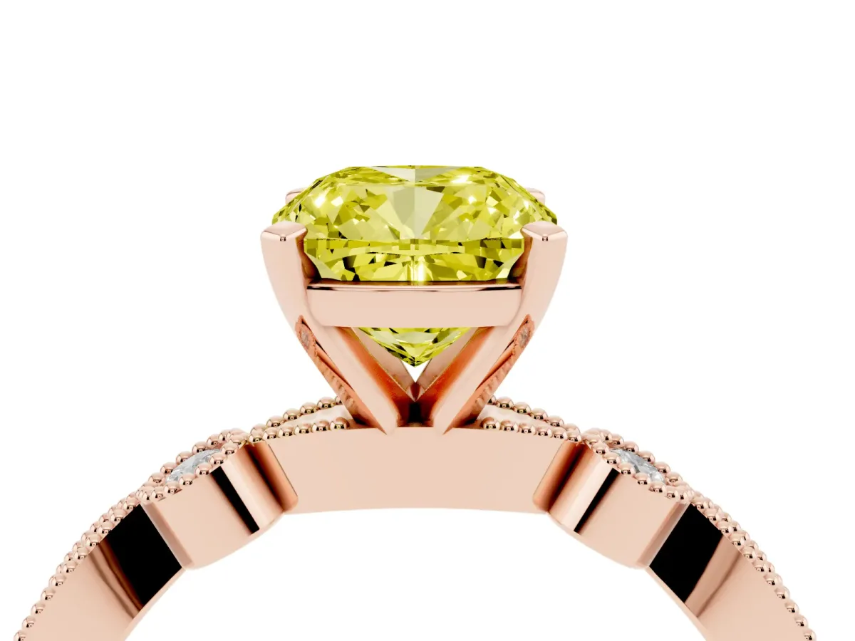 Fancy Yellow Cushion Cut Milgrain Bezel Diamond Engagement Ring with Solitaire Prong Setting Rose gold